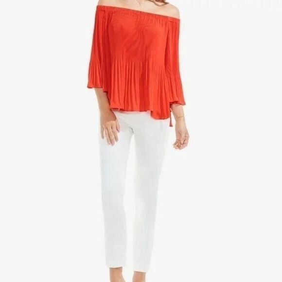 2/$30 Vince Camuto Accordion Pleated Off the Shoulder Flowy Top Blouse Medium - Picture 4 of 10